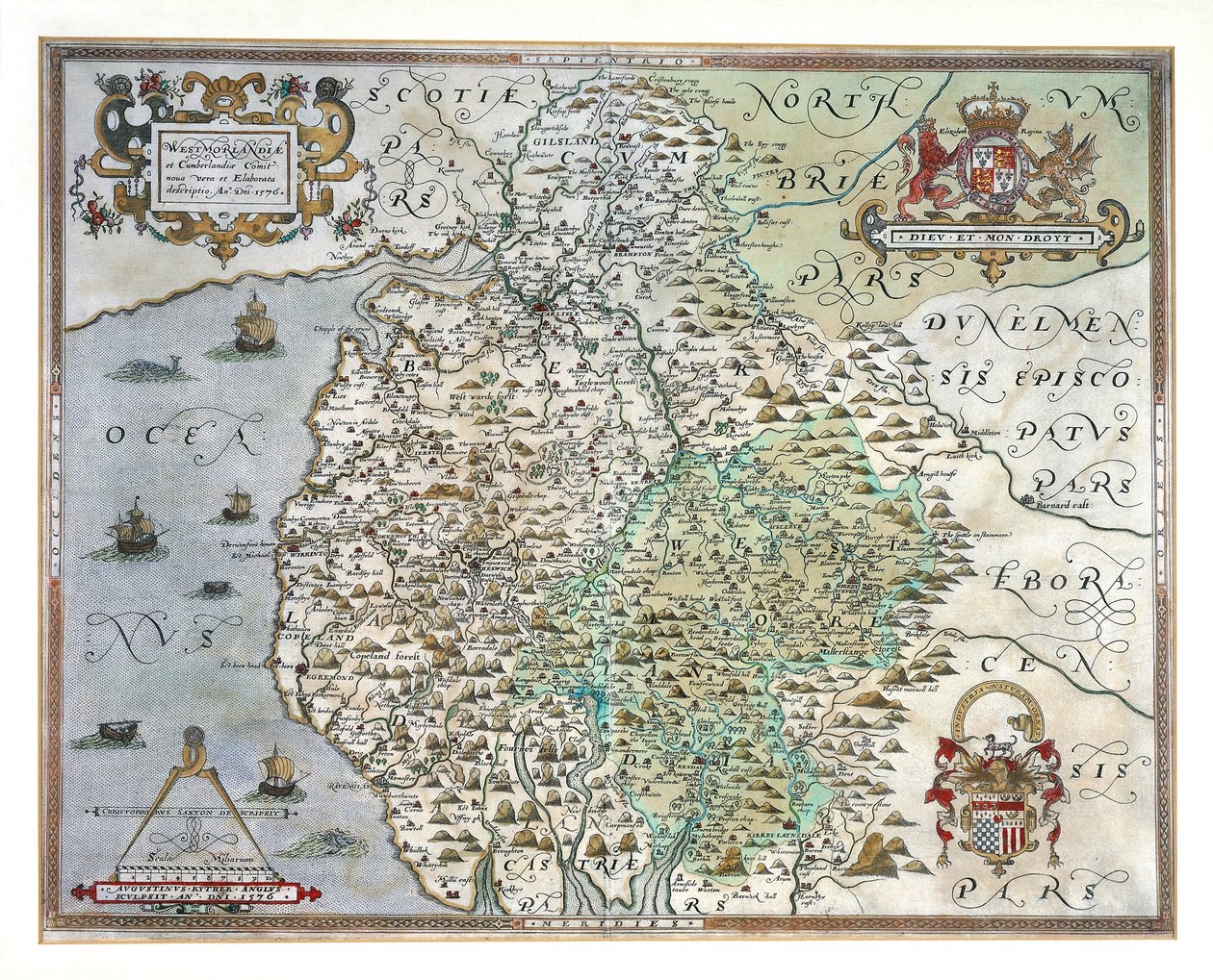 Um mapa de Westmorland e Cumberland, 1576 de Christopher Saxton
