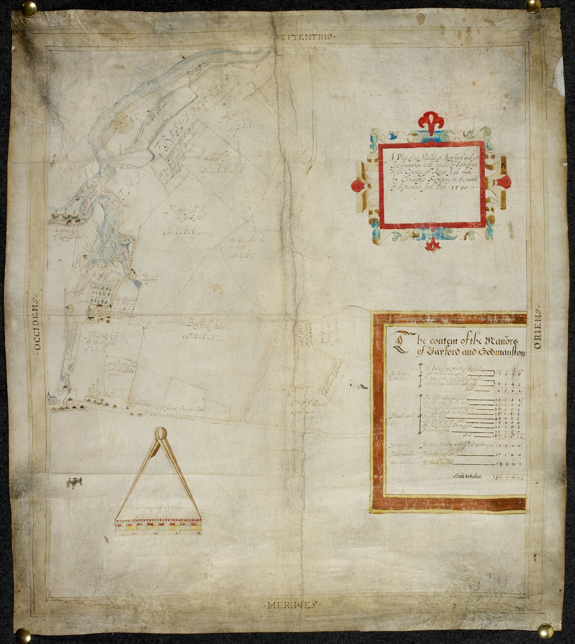 Mapa dos solares de Bayford e Goodmanston em Murston e Sittingbourne, co. Kent: 1590 (tinta e lavagem a cores sobre velino) de Christopher Saxton