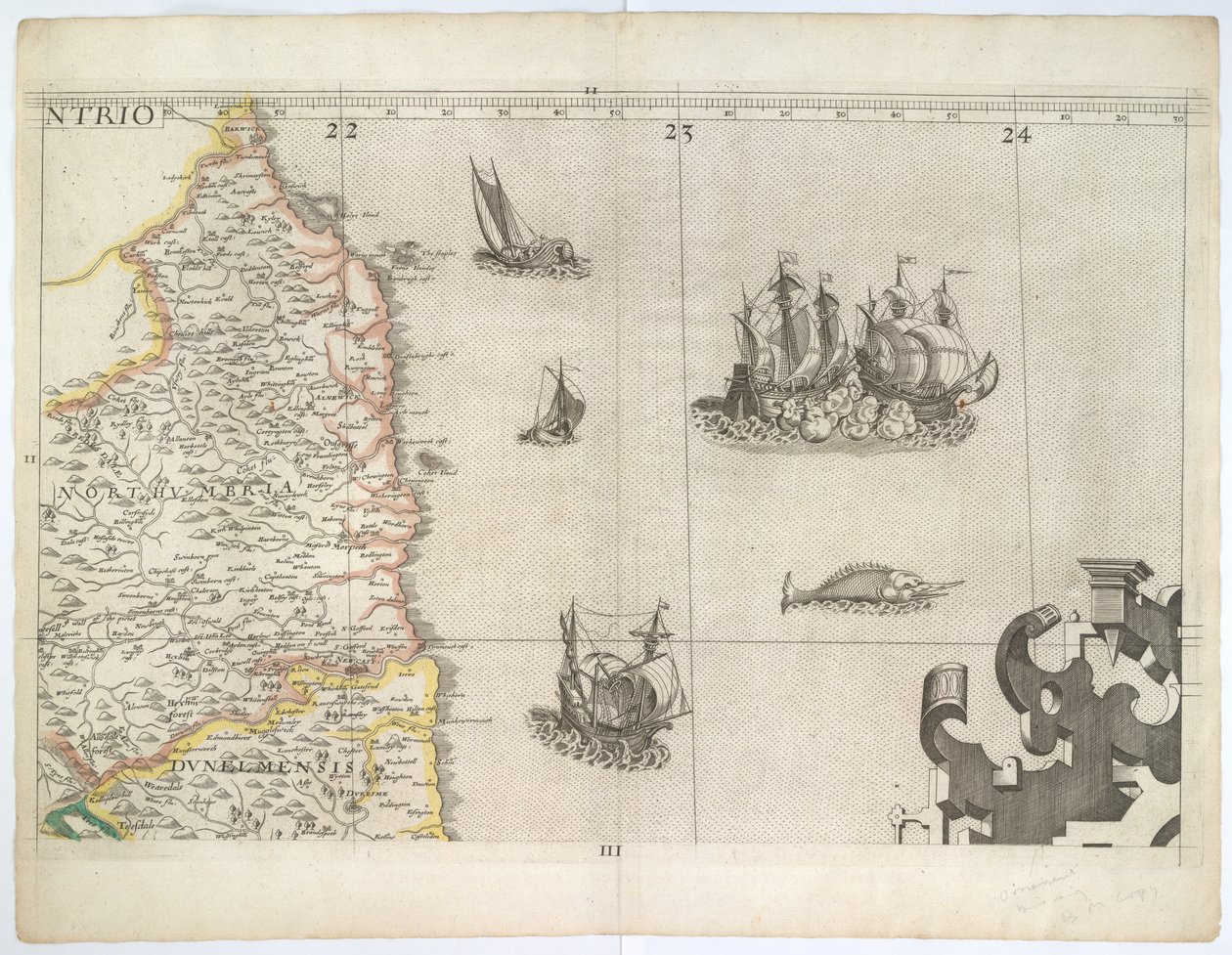 Northumbria e Nordeste de Inglaterra, do Mapa Mural de Saxton de 1583 (gravura) de Christopher Saxton
