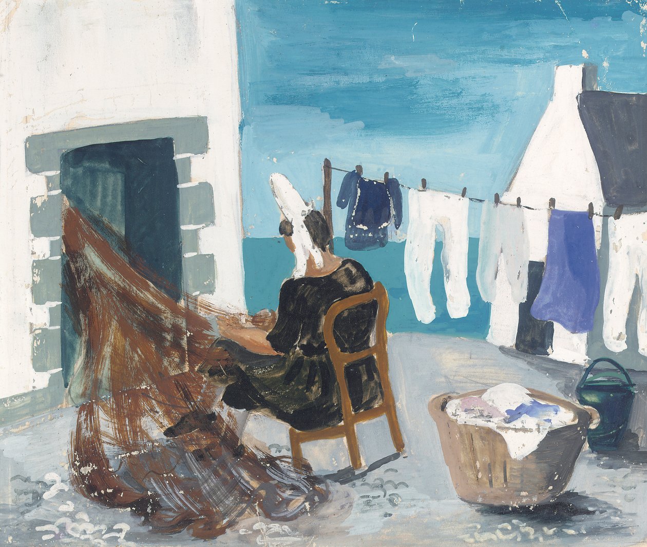 Consertando redes, Tréboul, c.1930 (lápis e guache sobre papel) de Christopher Wood