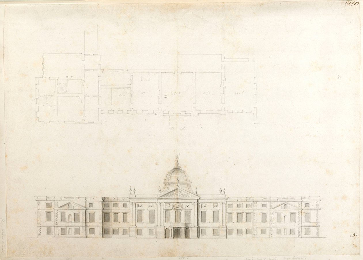 Palácio de Hampton Court, planta parcial e elevação de esboço para uma fachada de entrada, provavelmente para o 2º esquema, numerado 5 e 6 de Christopher Wren