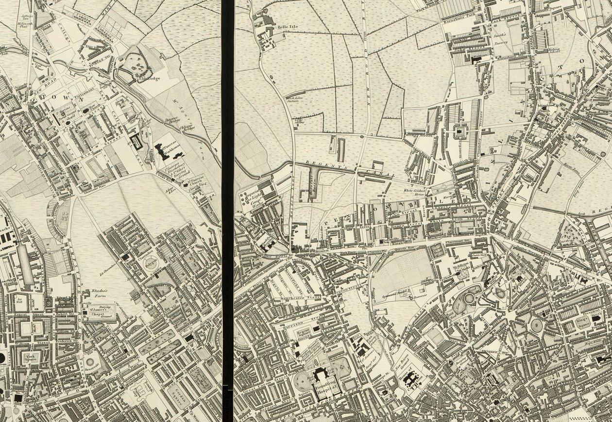 Pormenor da área em redor de Pentonville, do Mapa de Londres, a partir de um levantamento real efectuado em 1824 de Christopher and John (fl.1821 40) Greenwood