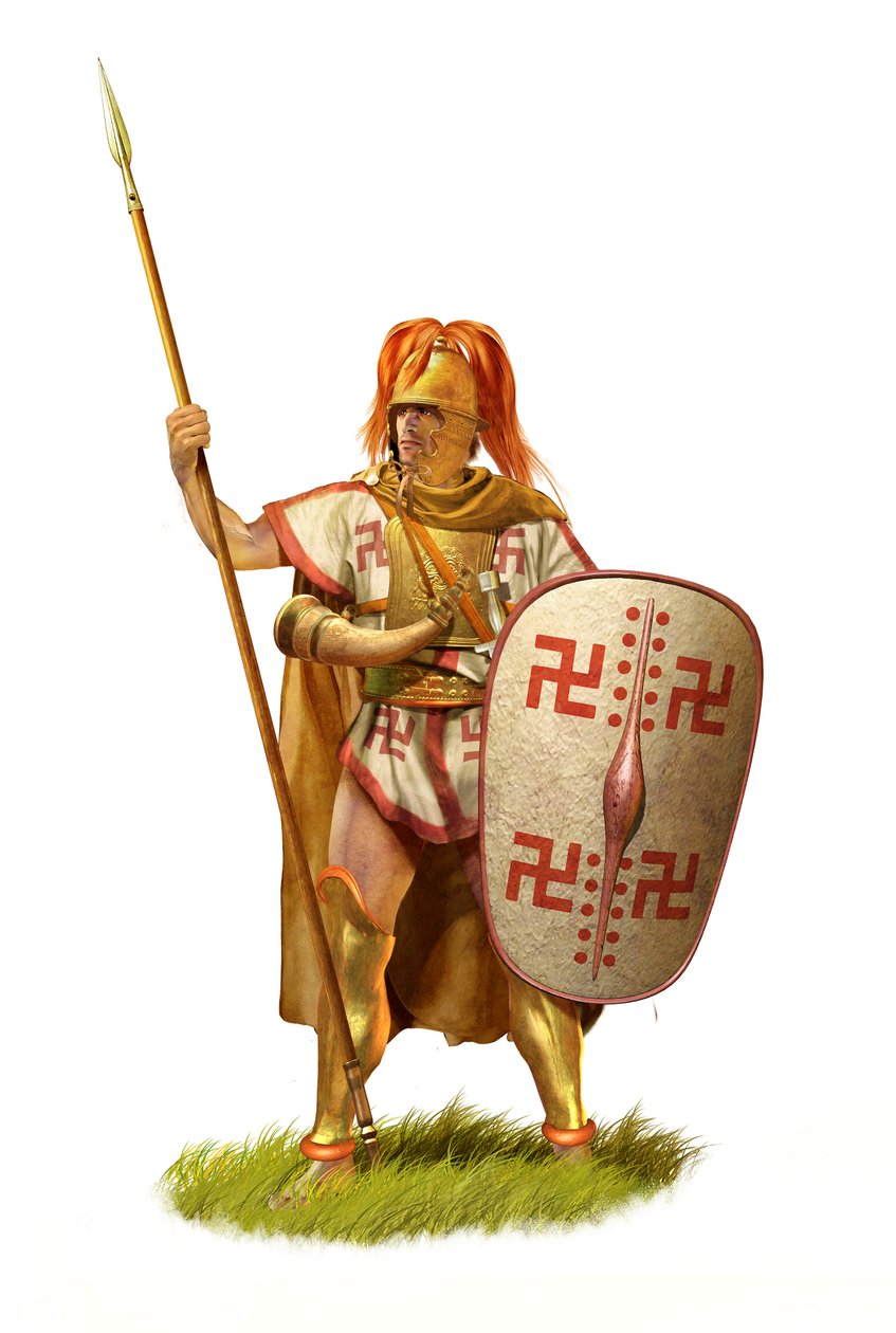 Soldado de infantaria samnita, século III a.C., Itália antiga, 2020 (desenho a lápis, óleo digital, cgi 3d) de Christos Giannopolous