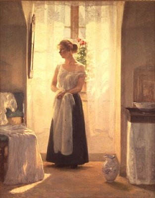 Interior com uma Rapariga em pé em frente a um Espelho de Cilius Anderson
