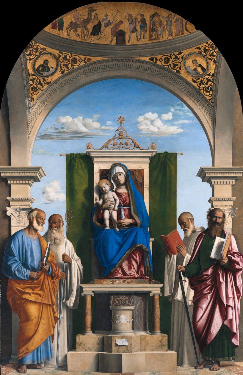 Madonna Enthroned com criança e SS Peter, Romualdus, Benedict e Paul de Cima da Conegliano