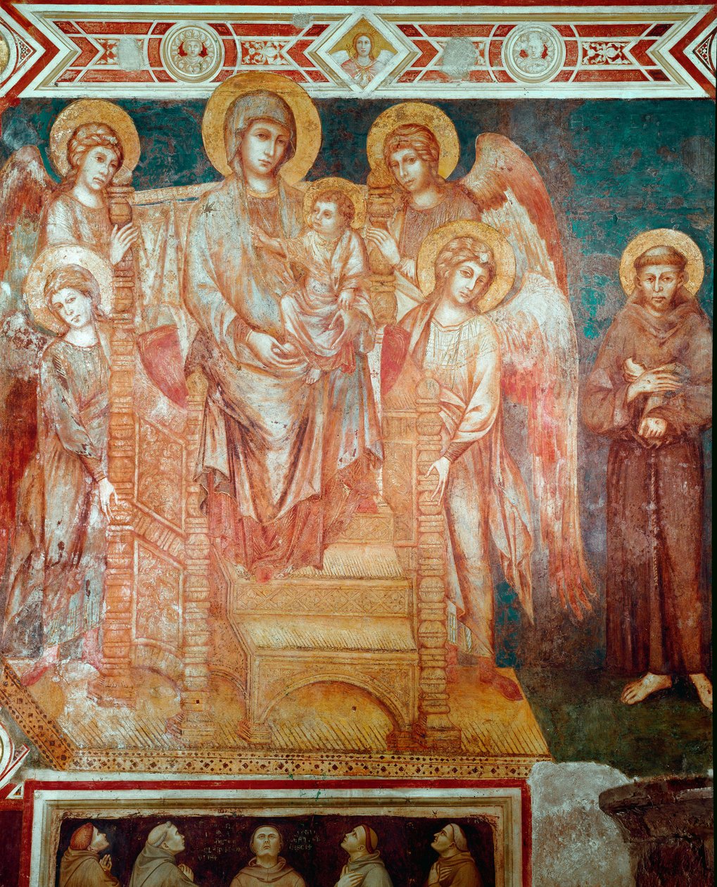 Madonna tem filhos no trono, quatro anjos e São Francisco de Assis Fresco de Cimabue (Cenni di Pepo) (1272-1302) 1278-1280 Dim. 320x340 cm. Assis, Basílica de São Francisco, Igreja Baixa de Cimabue