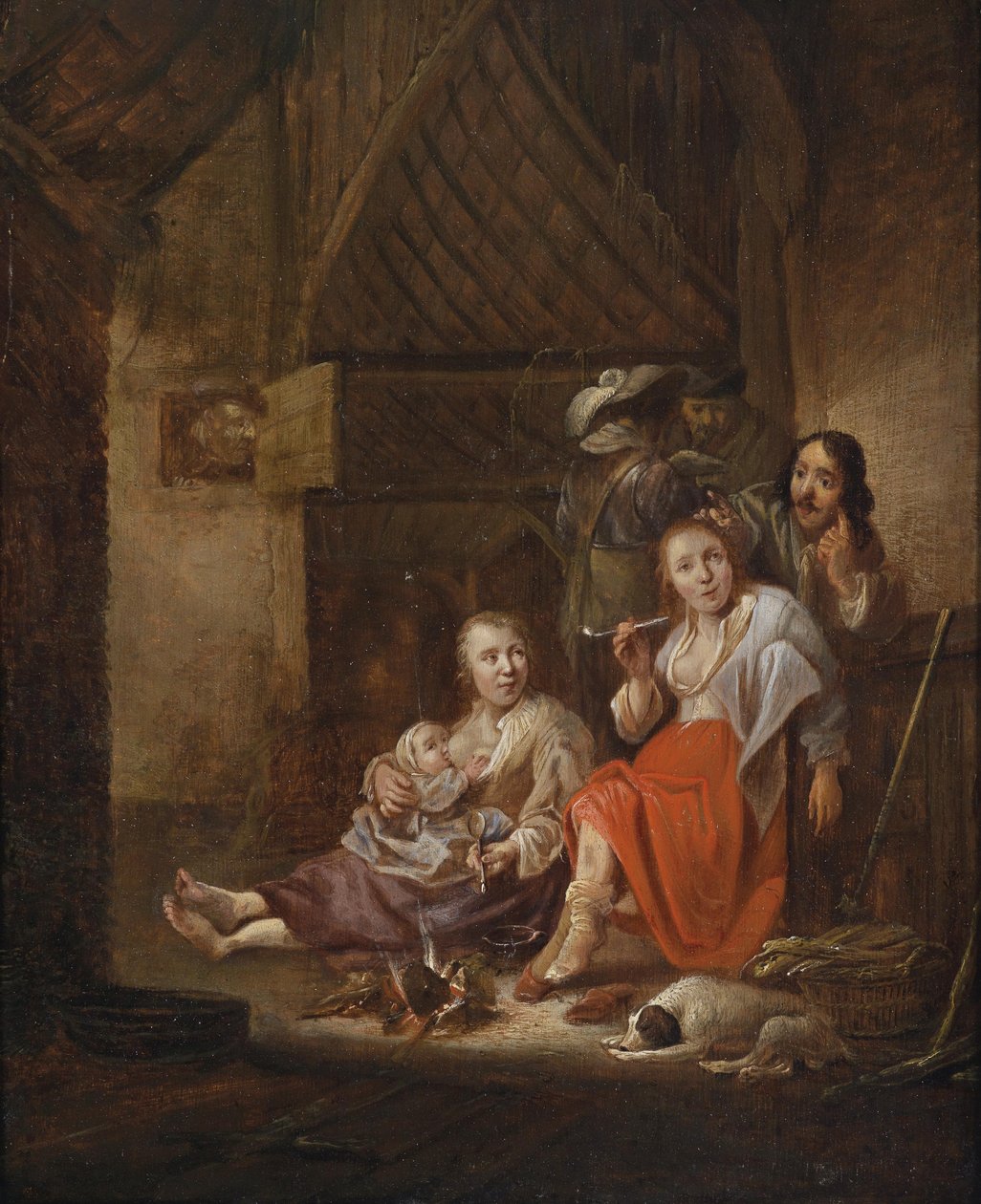Interior rural com figuras em uma fogueira de Circle of Anthonie Palamedes