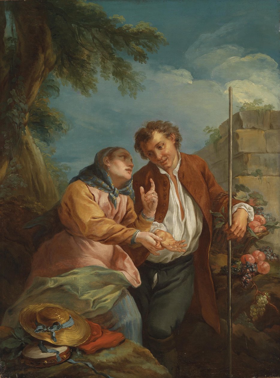 Um leitor de palmas e um vendedor de frutas jovens de Circle of Charles André van Loo