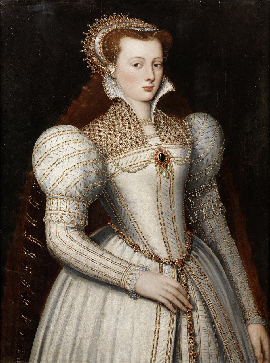 Retrato de uma senhora, metade do comprimento, vestido de bejeweled branco e headress de Circle of Frans Pourbus the Younger