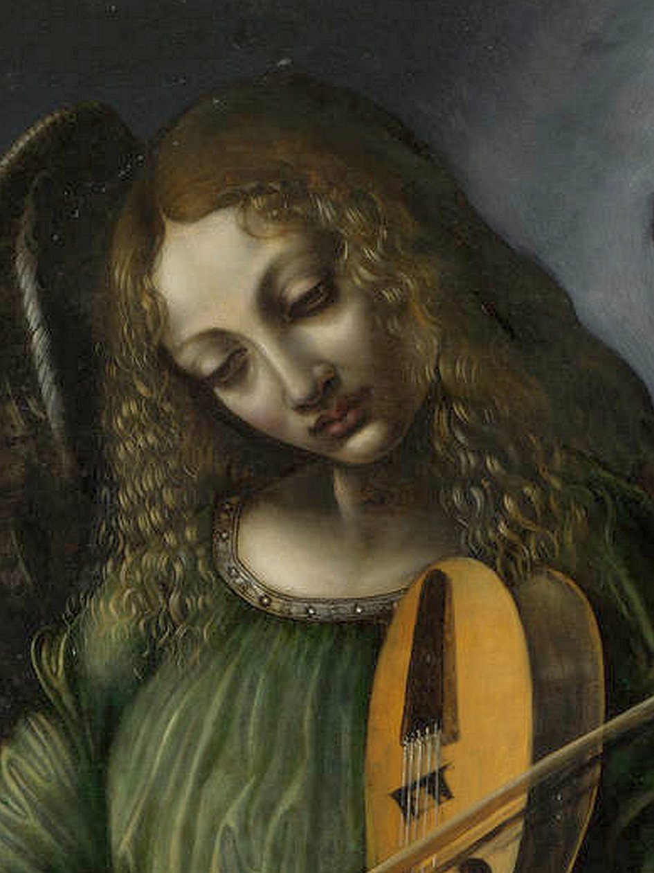 Um, anjo, em, verde, com, um, vielle, parte, de, S., francesco, retábulo, milão de Circle of Leonardo da Vinci