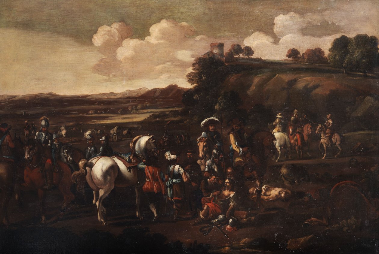 O resto depois da batalha com um cirurgião de um guerreiro. de Circle of Michelangelo Cerquozzi