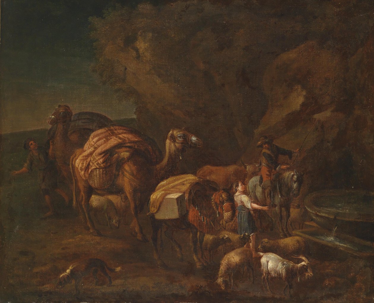 Paisagem Oriental com motoristas de camelo e pastores de Circle of Nicolaes Pieterszoon Berchem