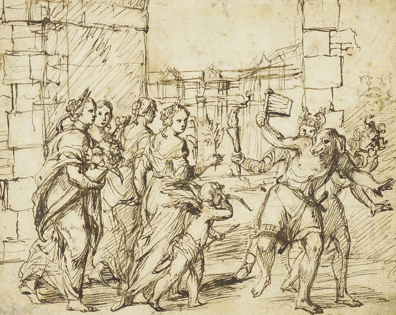 A Festa Lupercaliana em Roma: O Cupido e as Personificações da Fertilidade encontram os Luperci vestidos de cães e cabras de Circle of Adam Elsheimer