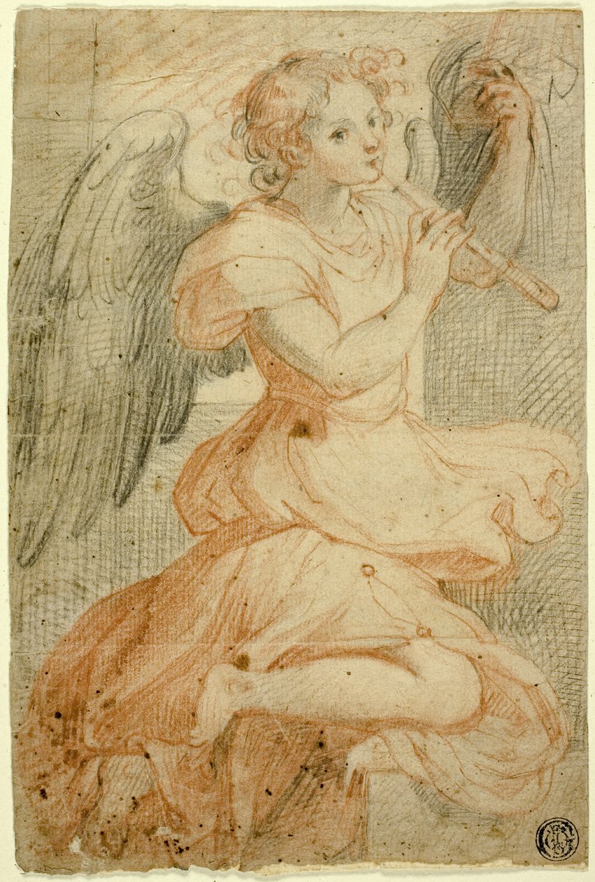 Anjo a tocar flauta de Circle of Giuseppe Cesari
