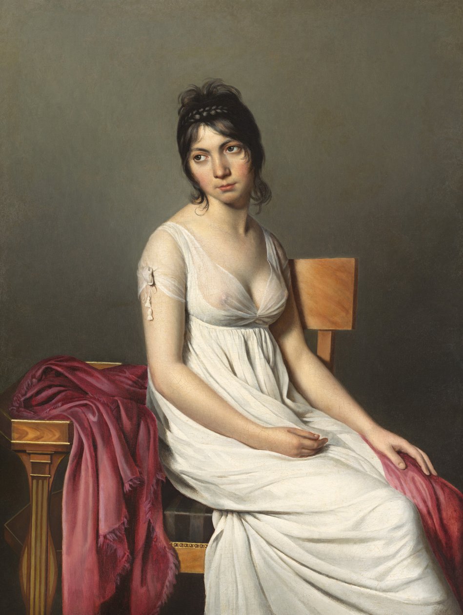 Retrato de uma jovem mulher de branco de Circle of Jacques Louis David