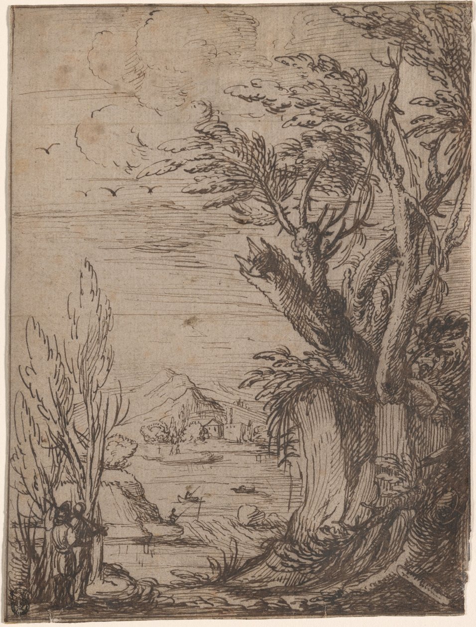 Paisagem com árvores retorcidas e pescador de Circle of Jacques de Gheyn