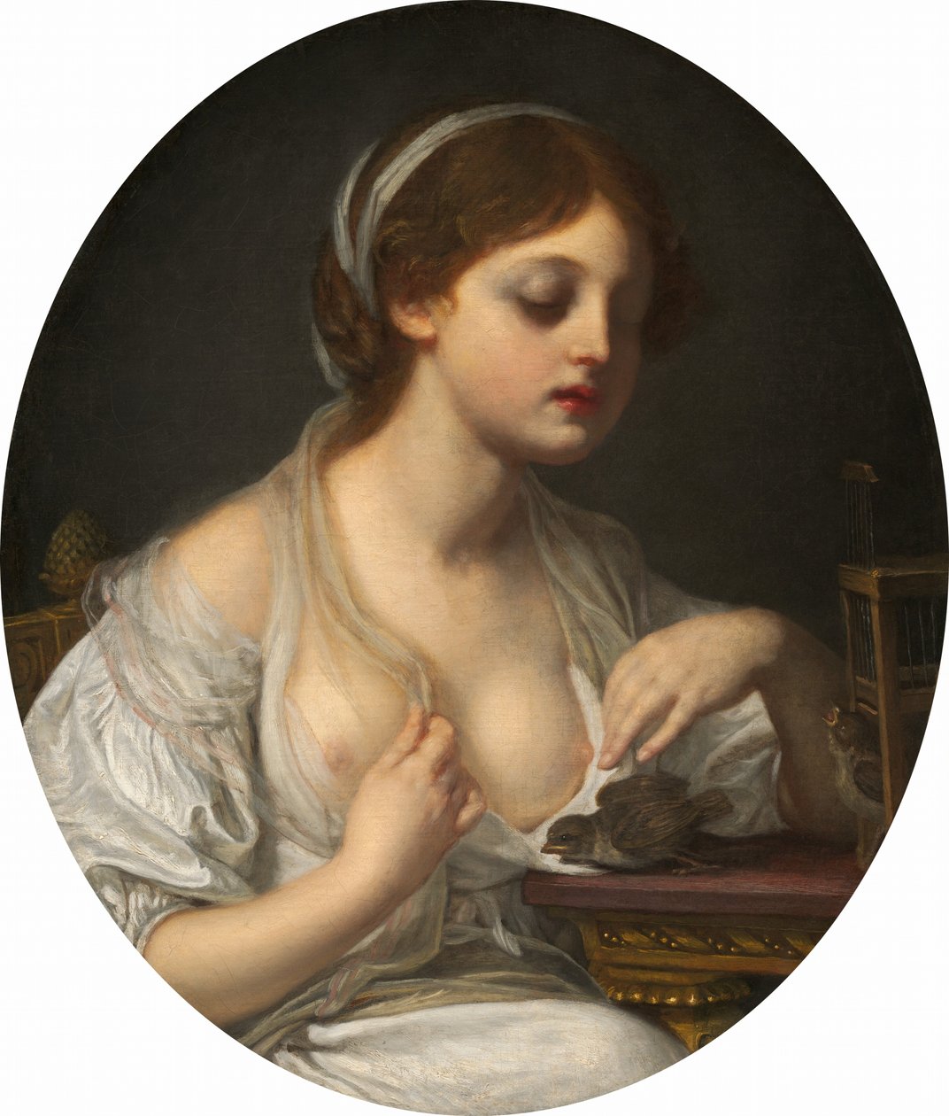 menina com pássaros de Circle of Jean Baptiste Greuze