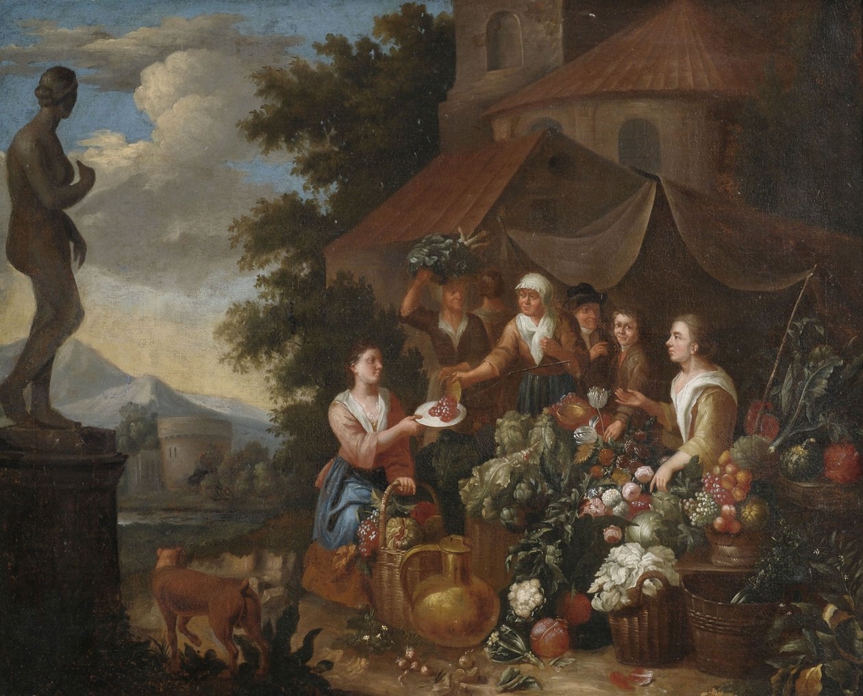 Venda de legumes e flores numa banca de mercado italiana. de Circle of Norbert van Bloemen