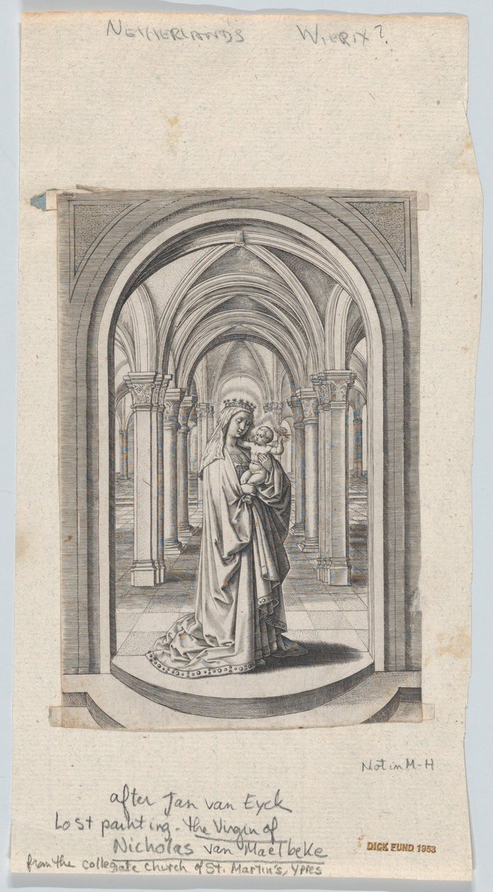 Virgem e Menino em uma Igreja, também conhecida como a Virgem Van Maelbeke, 1575-1585.. de Circle of the Brothers Wierix.
