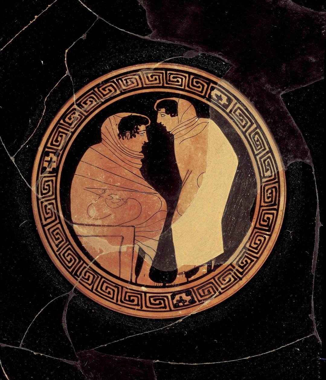 Kylix ático de figuras vermelhas representando uma conversa entre figuras masculinas, c.450 aC (argila) (detalhe) de Circle of the Penthesilia Painter attr. to Circle of the Penthesilia Painter attr. to