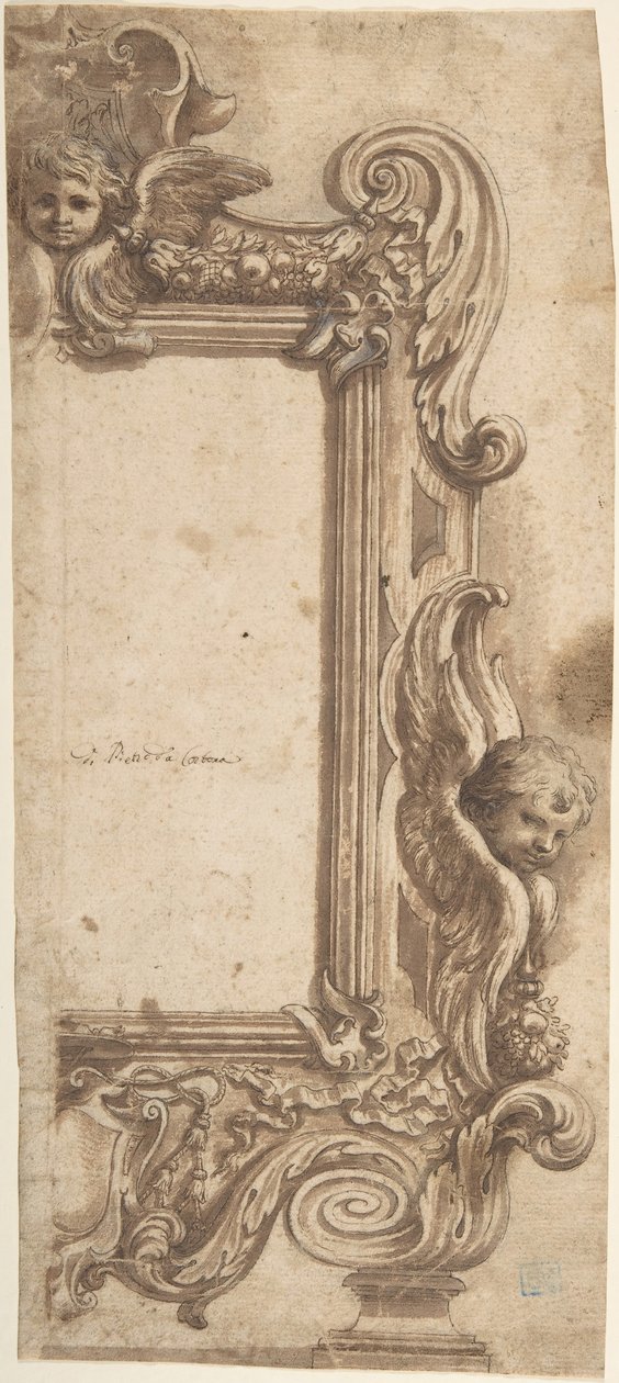 Projeto para meia moldura decorada com anjos, volutas e guirlandas., 1634-89. de Ciro Ferri.
