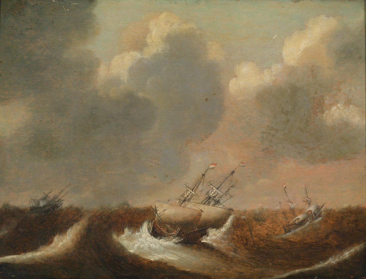 Navios na tempestade do mar de Claes Claesz. Wou