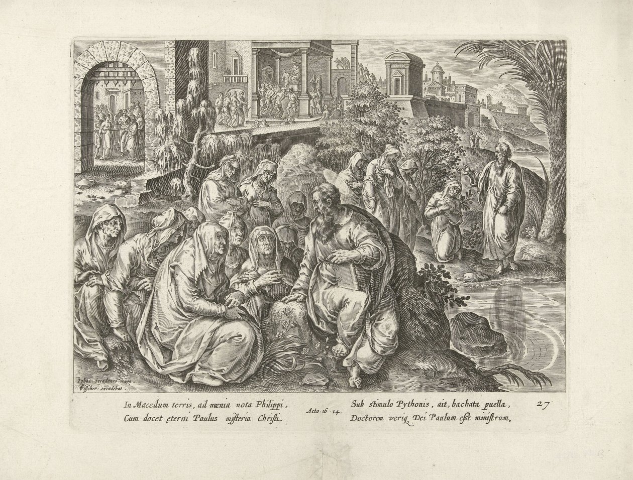 Paul converte as mulheres de Philippi
Actos dos Apóstolos (título da série)
Acta Apostolorum (título da série) de Claes Jansz. Visscher (II) (attributed to workshop of)
