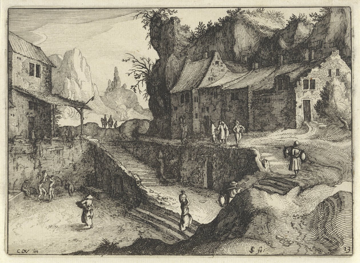 aldeia de montanha com casas e degraus
Paisagens holandesas (título da série)
Amaeniores Aliquot Regiunculae (título da série sobre o objecto) de Claes Jansz. Visscher (II)