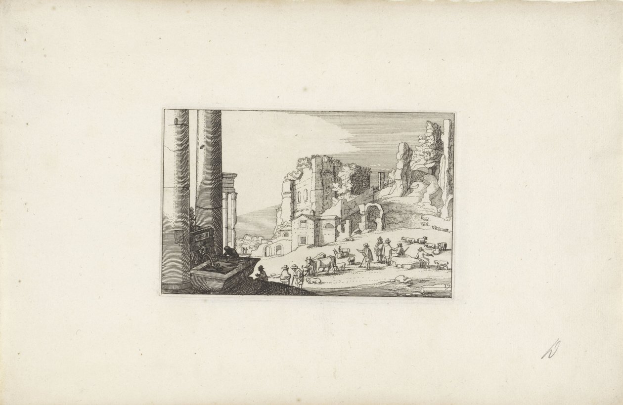 Paisagem montanhosa com fonte e pastores Paisagens italianas com ruínas (título da série) Variae antiquitates Romanae (título da série no objeto) de Claes Jansz. Visscher (II)