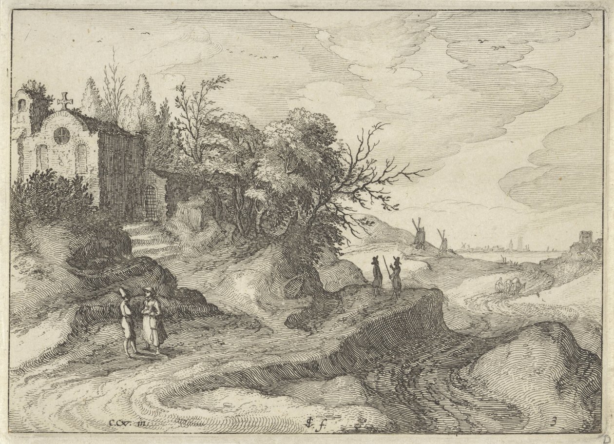 Capela em uma estrada sinuosa Paisagens holandesas (título da série) Amaeniores Aliquot Regiunculae (título da série no objeto) de Claes Jansz. Visscher (II)