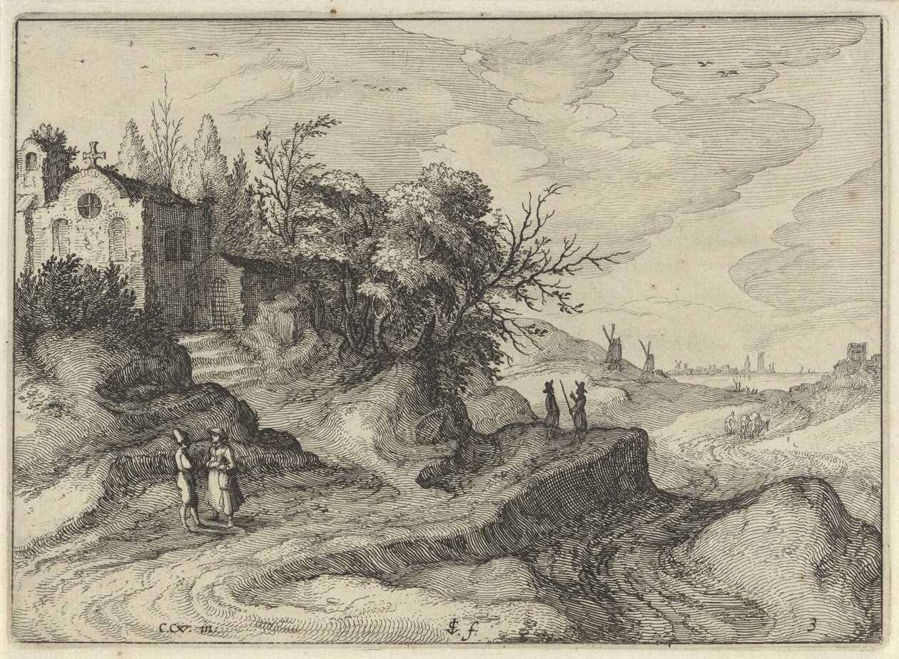 Capela em uma estrada sinuosa Paisagens holandesas (título da série) Amaeniores Aliquot Regiunculae (título da série no objeto) de Claes Jansz. Visscher (II)