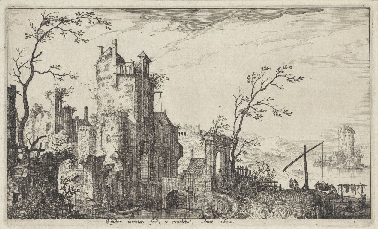 Portão da cidade arruinado na orla marítima de Claes Jansz. Visscher (II)