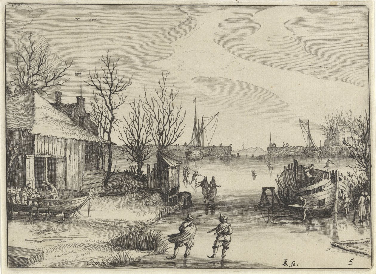 Estaleiro num canal congelado
Paisagens holandesas (título da série)
Amaeniores Aliquot Regiunculae (título da série sobre o objecto) de Claes Jansz. Visscher (II)