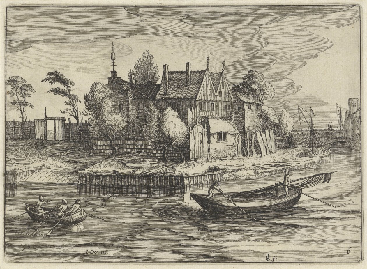 Sloops em uma propriedade Paisagens holandesas (título da série) Amaeniores Aliquot Regiunculae (título da série no objeto) de Claes Jansz. Visscher (II)