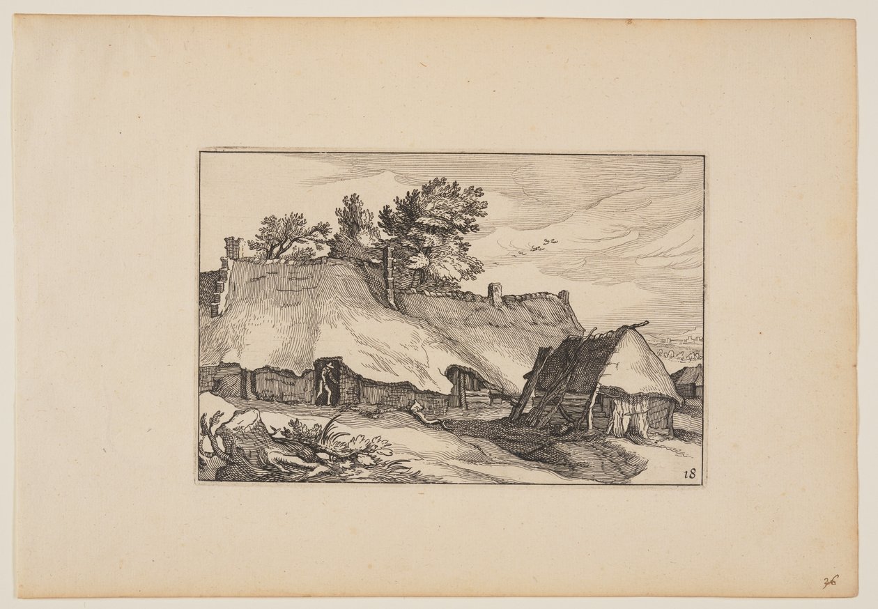 Uma quinta, homem à entrada, de Paisagens (Verscheyden aerdige Lanthuysen...) de Claes Jansz. Visscher