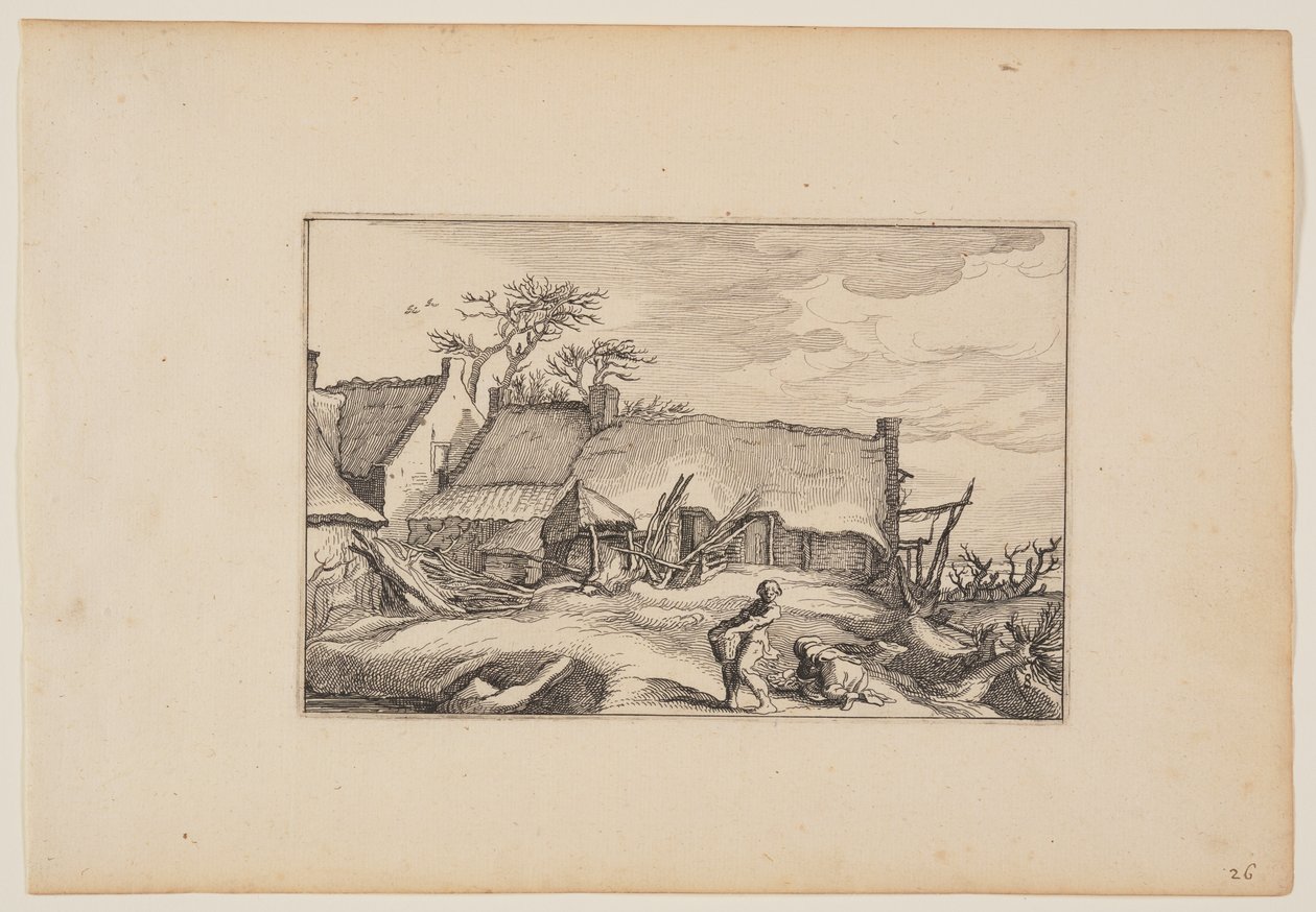 Uma casa de fazenda, um homem carregando uma cesta em primeiro plano, de Paisagens (Verscheyden aerdige Lanthuysen...) de Claes Jansz. Visscher