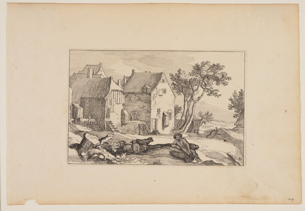 Uma quinta, com um pastor em repouso no centro do primeiro plano, de Paisagens (Verscheyden aerdige Lanthuysen...) de Claes Jansz. Visscher