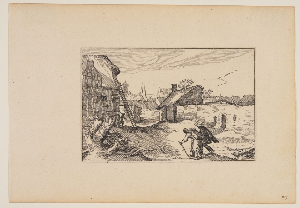 Uma aldeia, escada encostada à casa da esquerda, de Paisagens (Verscheyden aerdige Lanthuysen...) de Claes Jansz. Visscher