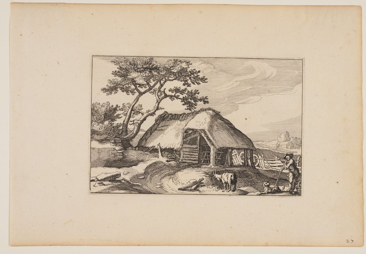 Celeiro, rebanho descansando em sua vara em primeiro plano à direita, de Paisagens (Verscheyden aerdige Lanthuysen...) de Claes Jansz. Visscher