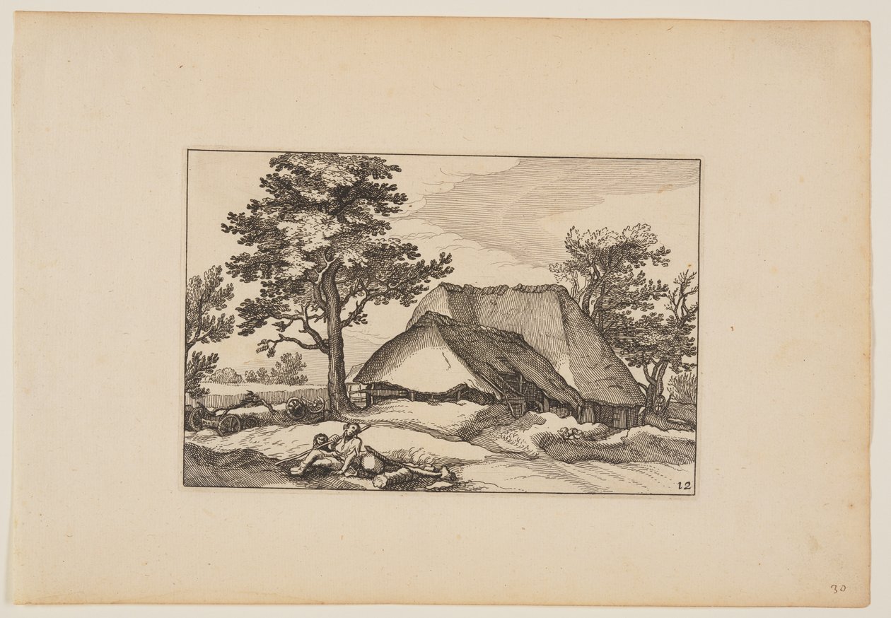 Celeiros, rebanho em repouso e cão em primeiro plano, de Paisagens (Verscheyden aerdige Lanthuysen...) de Claes Jansz. Visscher