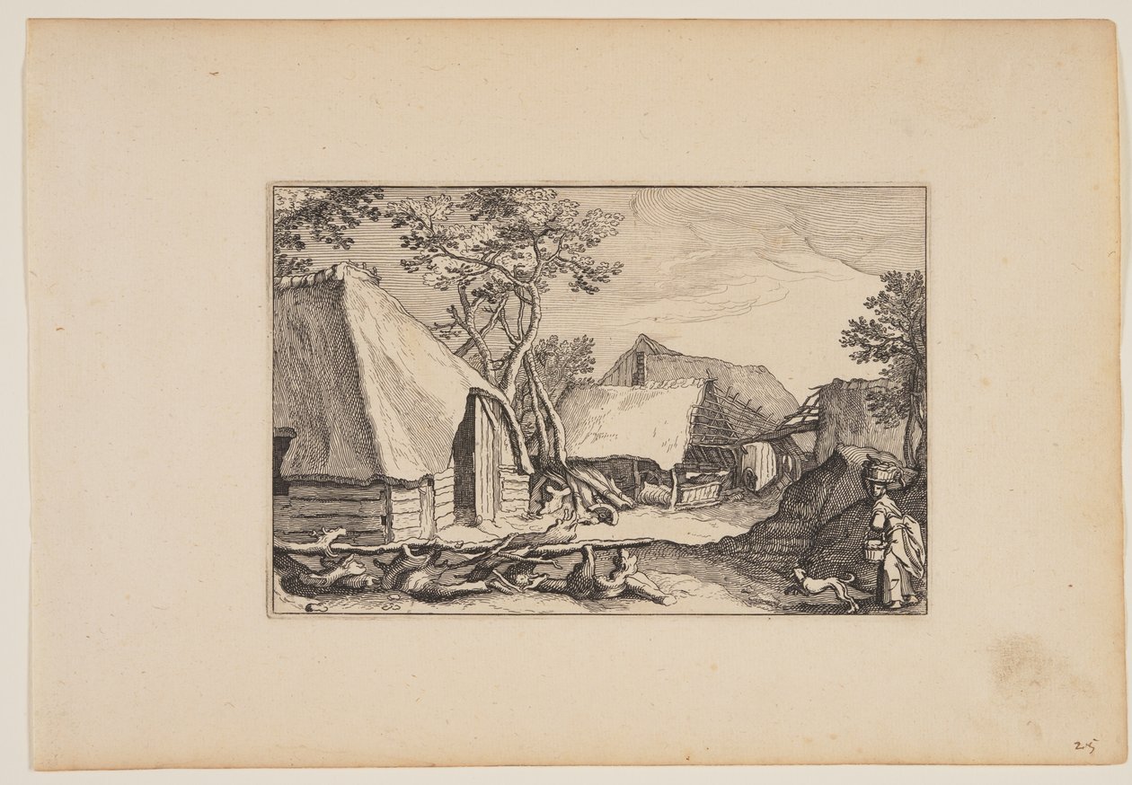 Celeiros, mulher e cão em primeiro plano à direita, de Paisagens (Verscheyden aerdige Lanthuysen...) de Claes Jansz. Visscher