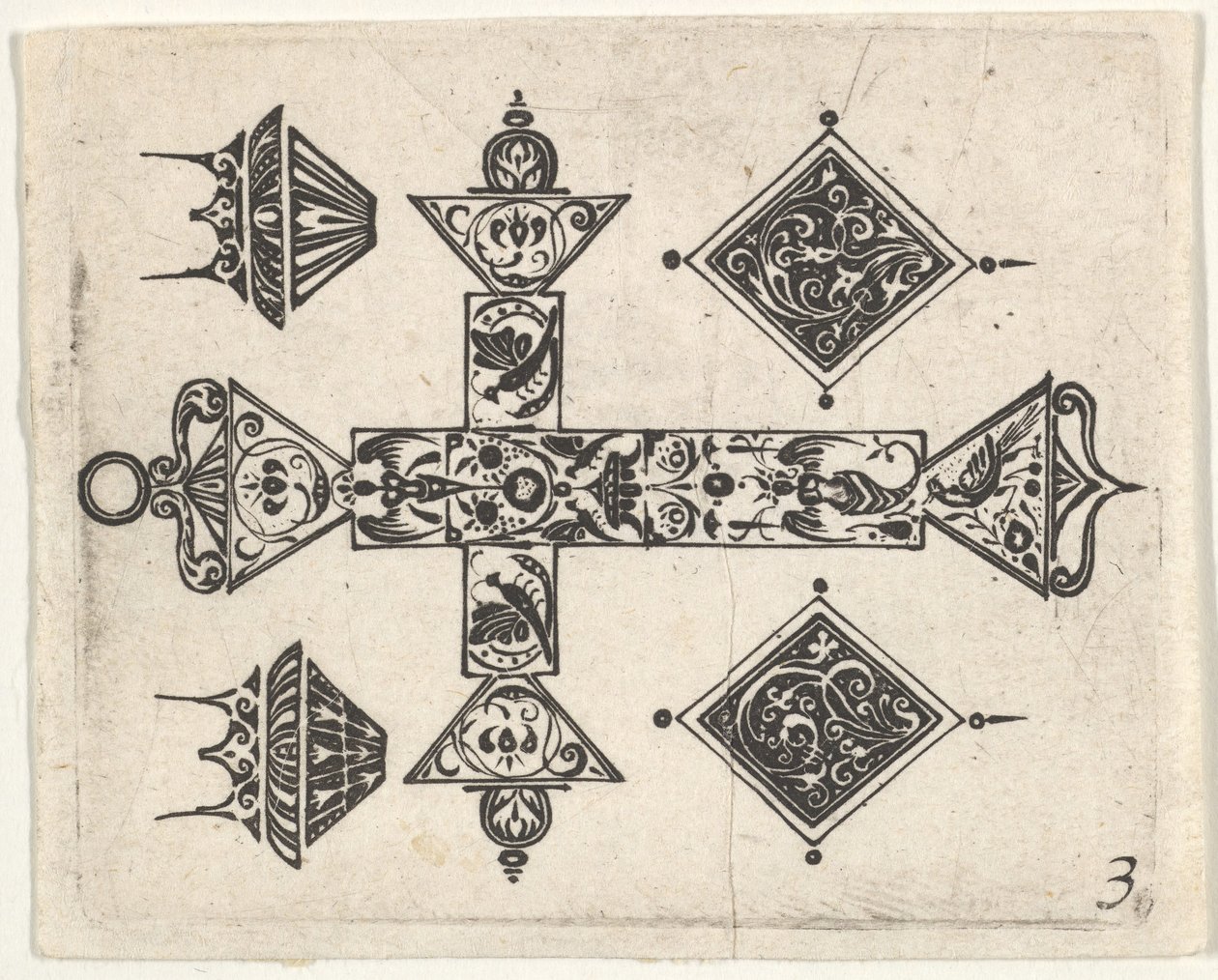 Gravura em Blackwork com Cruz Latina e Quatro Motivos, ca. 1620 de Claes Jansz Visscher