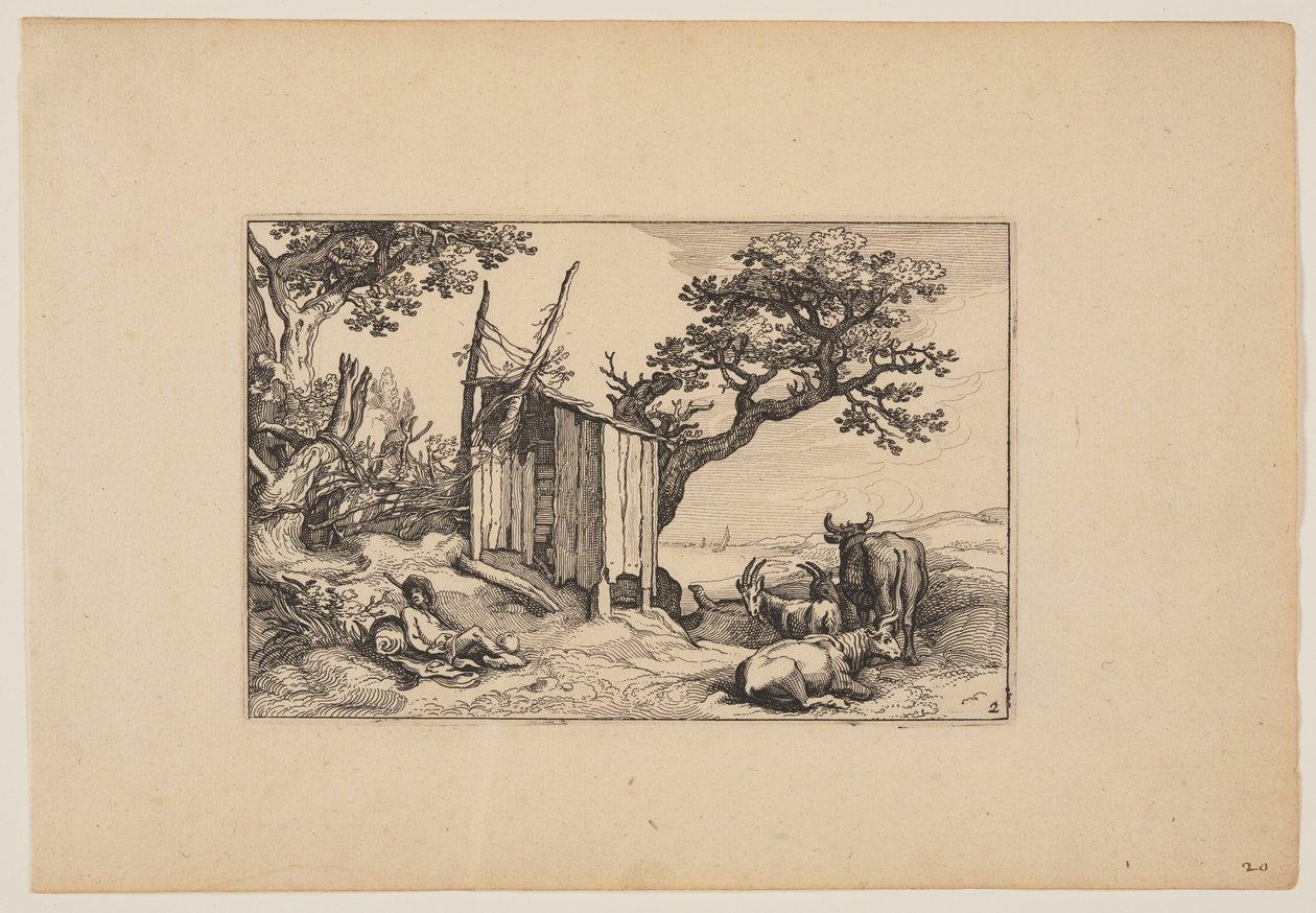 Celeiro em ruínas com rebanho e gado, de Paisagens (Verscheyden aerdige Lanthuysen...) de Claes Jansz. Visscher