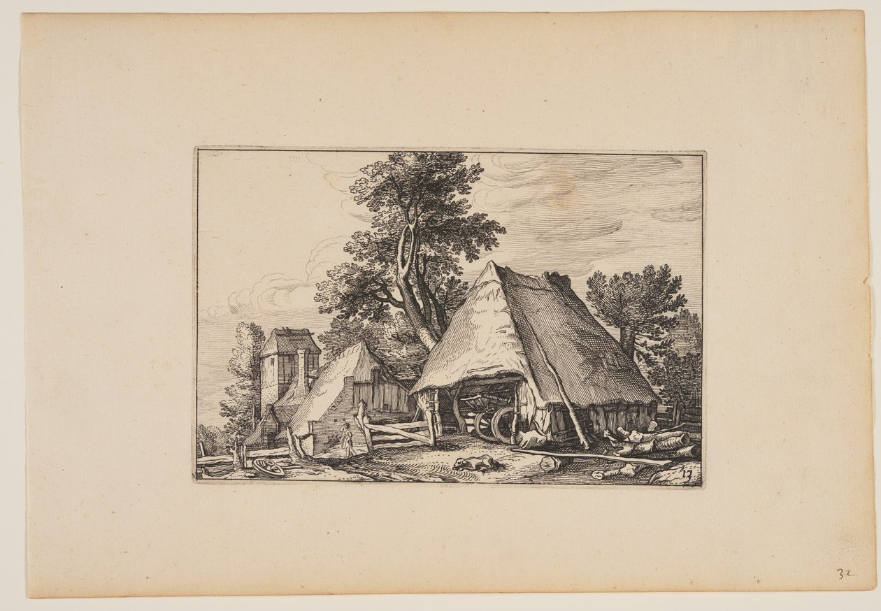 Quinta com barracão para uma carroça, de Paisagens (Verscheyden aerdige Lanthuysen...) de Claes Jansz. Visscher