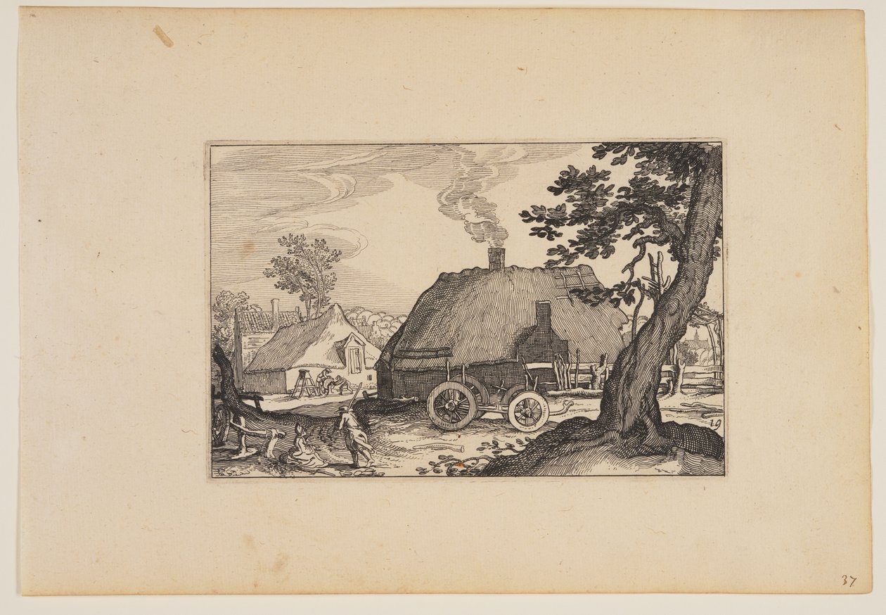 Fazendas, chassis de uma carroça no centro, de Paisagens (Verscheyden aerdige Lanthuysen...) de Claes Jansz. Visscher