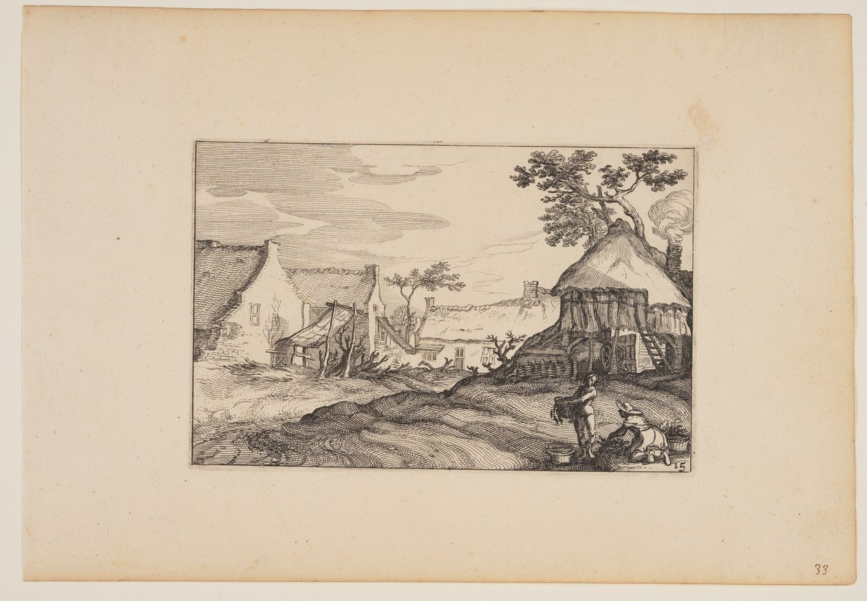 Quintal Homem jovem e mulher em primeiro plano, de Paisagens (Verscheyden aerdige Lanthuysen...) de Claes Jansz. Visscher