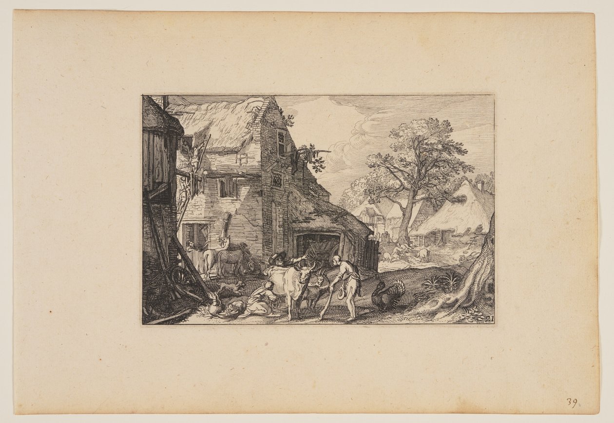 Quintal, com o filho pródigo entre os porcos, de Paisagens (Verscheyden aerdige Lanthuysen...) de Claes Jansz. Visscher