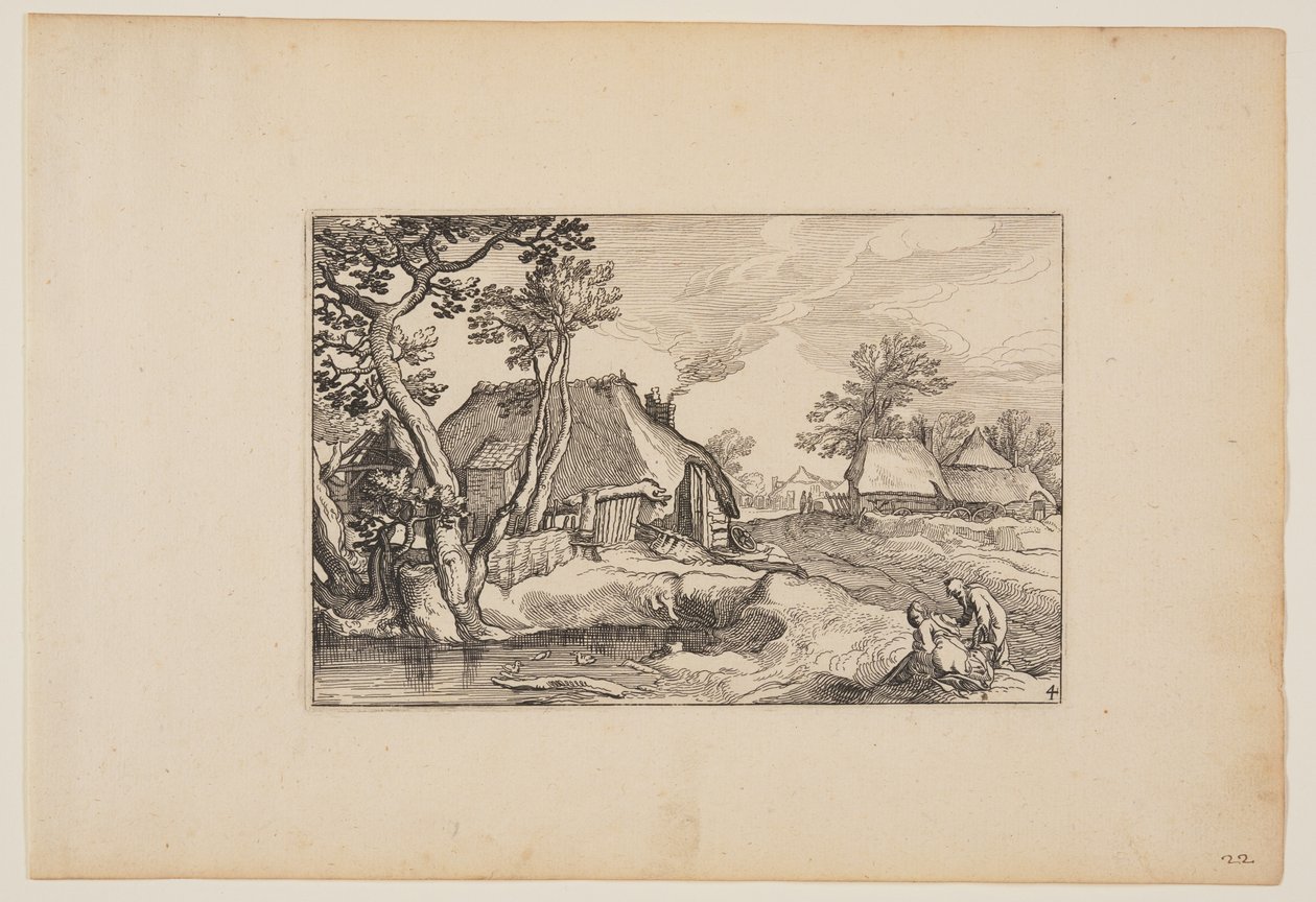 Homem e mulher de idade descansando junto a um lago, de Paisagens (Verscheyden aerdige Lanthuysen...) de Claes Jansz. Visscher