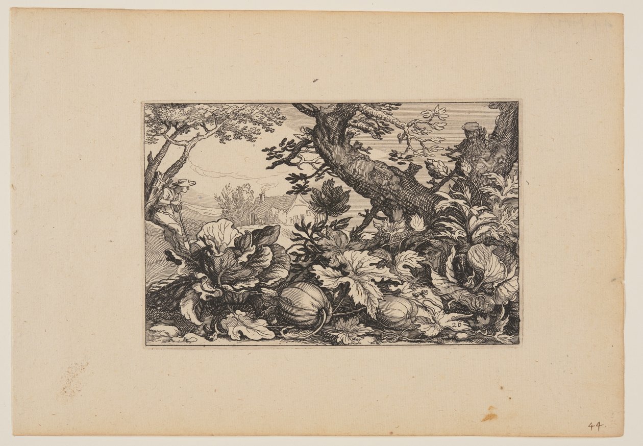 Árvore e melões, de paisagens (Verscheyden aerdige Lanthuysen...) de Claes Jansz. Visscher