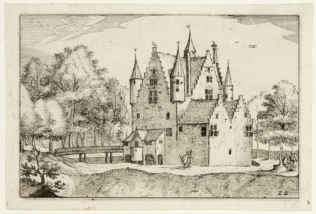 Um castelo, placa 22 a partir de Quadros de quintas, casas de campo e aldeias rústicas (Praediorum villarum et rusticarum casularum icones) de Claes Jansz. Visscher II